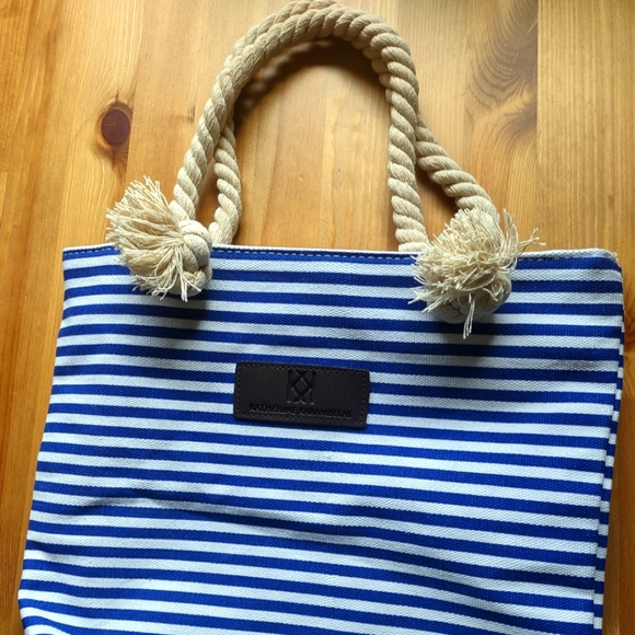 Katherine Karambelas White Blue Striped Tote Bag - Great Condition - Picture 1 of 3